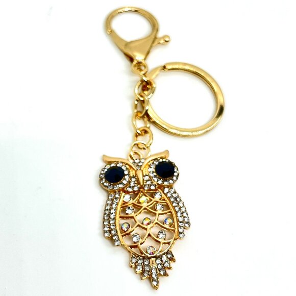 3/$30 GOLD OWL KEYCHAIN RHINESTONE CRYSTAL BLACK EYES BAG CHARM GIFT BLING NWT - Picture 4 of 11